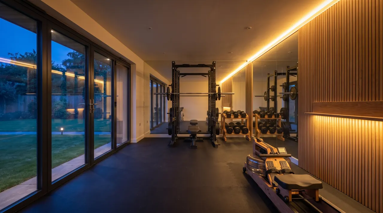 CGI: a garden gym with a rack, a mirror wall, oak slats and glass doors to the garden.