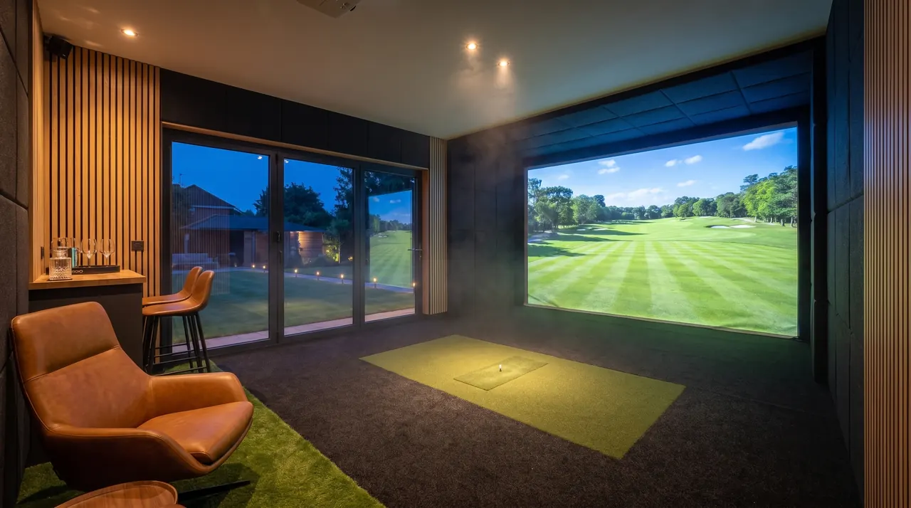CGI: a golf simulator room with a fairway on the impact screen, a leather chair and a bar.