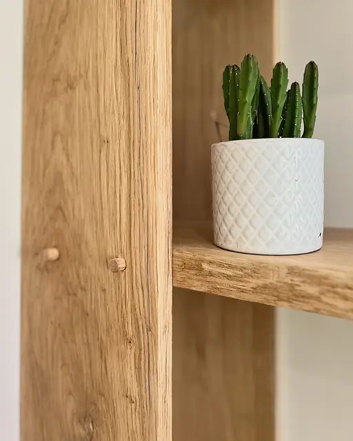 An oak upright fixed with timber dowels, carrying a live-edge oak shelf with a cactus in a white pot.