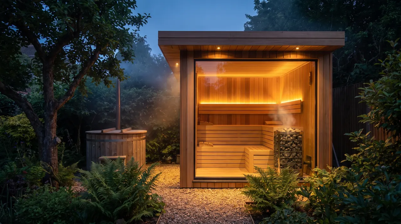 CGI: a freestanding cedar sauna with a glass front, steam, ferns and a wooden hot tub.