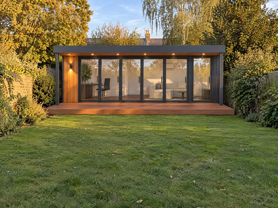 After: the same garden with a KF garden office and deck at the far end, photoreal. CGI.