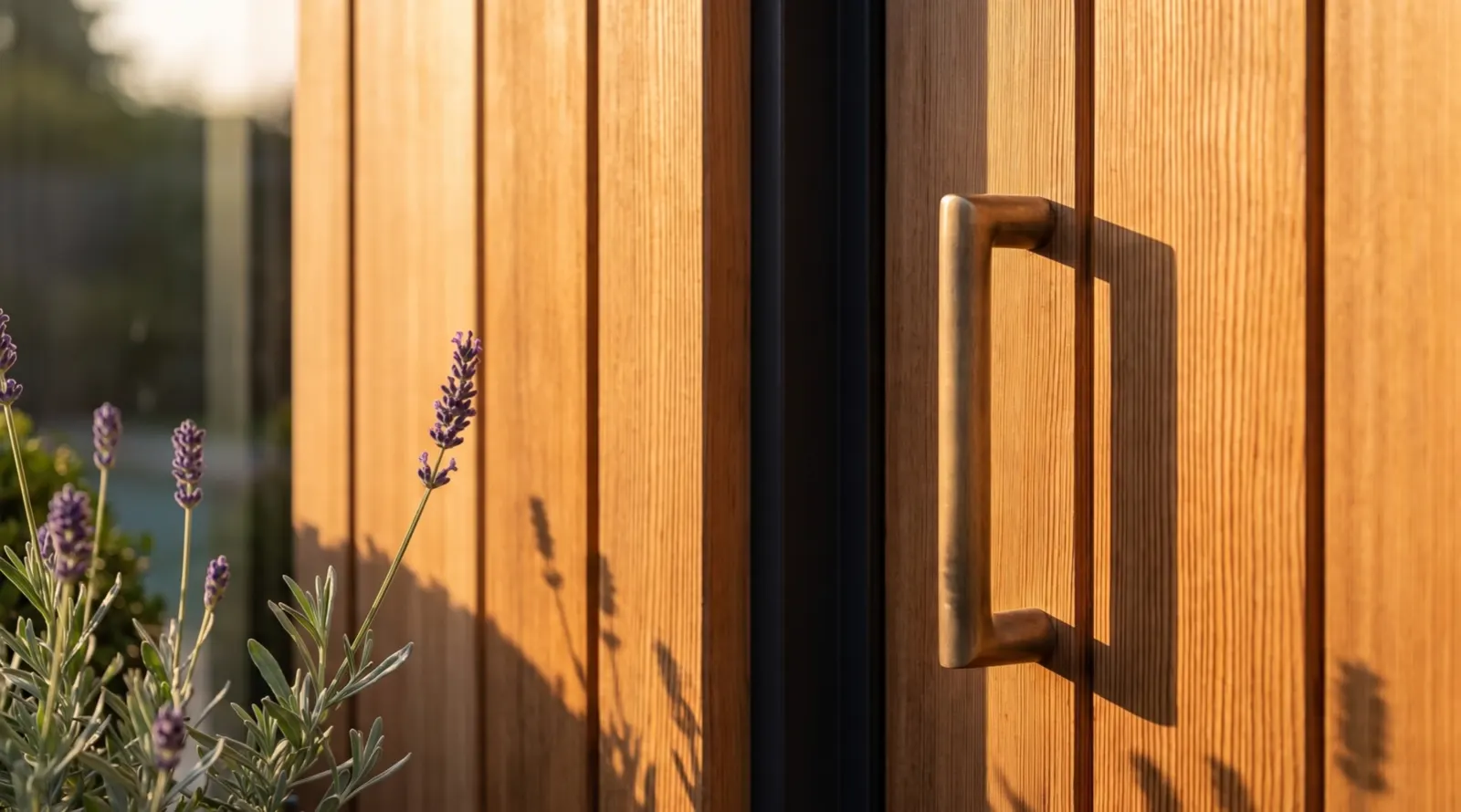 CGI: vertical cedar boards and a bronze door handle in late sun, lavender in front.