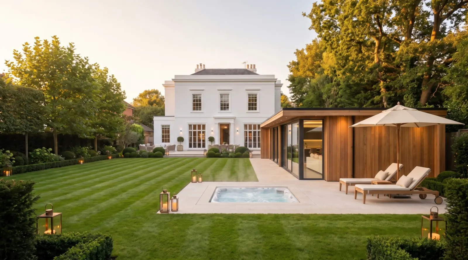 CGI: a white Regency house, a striped lawn and a cedar garden room with a sunken hot tub and loungers.