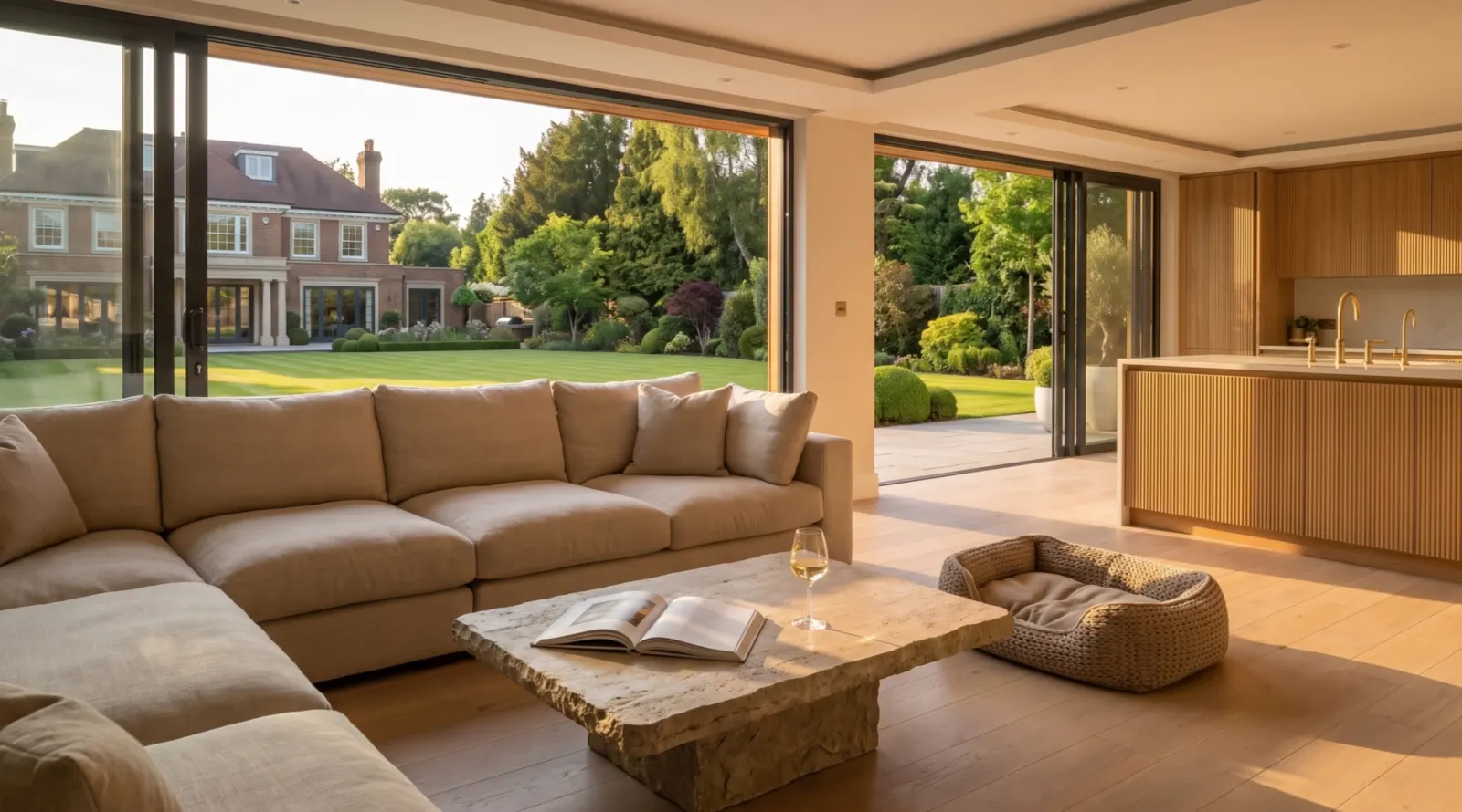 CGI: inside a garden annexe in the afternoon — a linen sofa, a stone table, an oak kitchen, the lawn and the house beyond the glass.